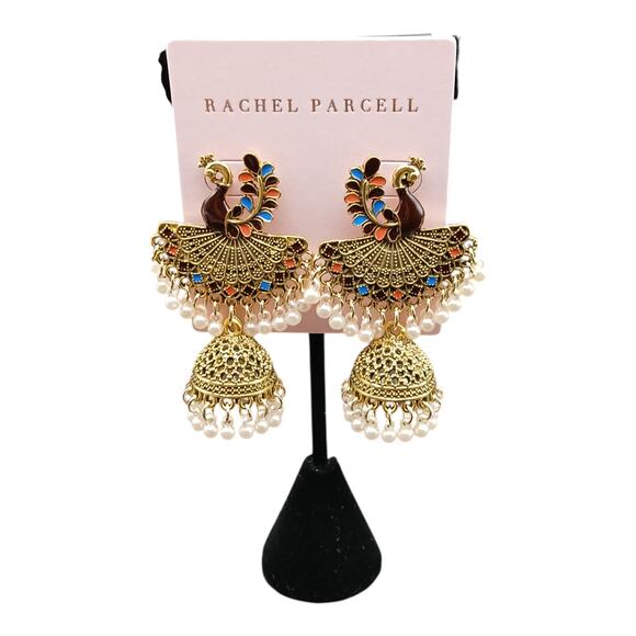 Rachel Parcell Peacock Filigree Jhumka Earrings Gold Tone, Enamel & Pearl Drops - Picture 8 of 8